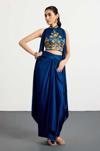 RI.Ritu Kumar_Blue Silk, Satin, Viscose, Spandex Halter Neck Embroidered Blouse Skirt Set _at_Aza_Fashions