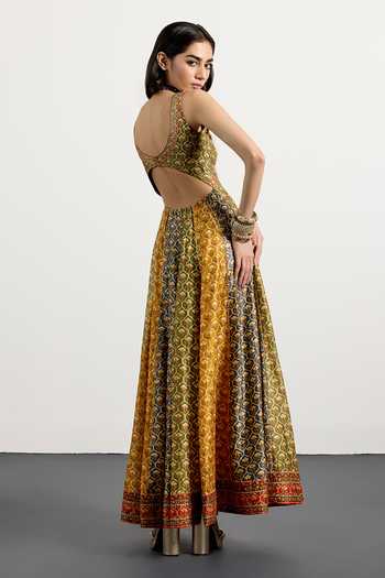 Shop_RI.Ritu Kumar_Green Silk, Chanderi, Satin, Viscose, Spandex, Mughal Butti Print Anarkali Set _at_Aza_Fashions
