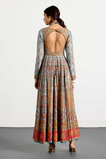 Shop_RI.Ritu Kumar_Blue Dupion, Satin, Viscose, Spandex, Silk, Chinon Abha Printed Anarkali Set _at_Aza_Fashions