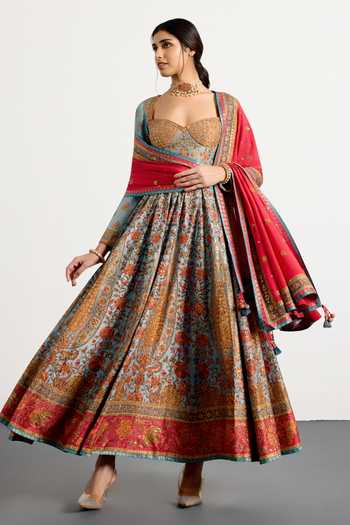 Buy_RI.Ritu Kumar_Blue Dupion, Satin, Viscose, Spandex, Silk, Chinon Abha Printed Anarkali Set _at_Aza_Fashions