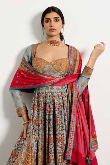 Buy_RI.Ritu Kumar_Blue Dupion, Satin, Viscose, Spandex, Silk, Chinon Abha Printed Anarkali Set _Online_at_Aza_Fashions