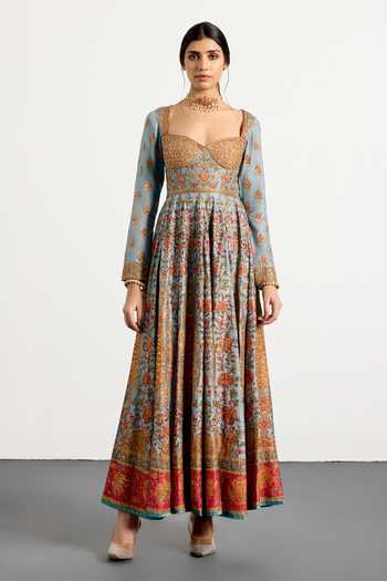 Shop_RI.Ritu Kumar_Blue Dupion, Satin, Viscose, Spandex, Silk, Chinon Abha Printed Anarkali Set _Online_at_Aza_Fashions