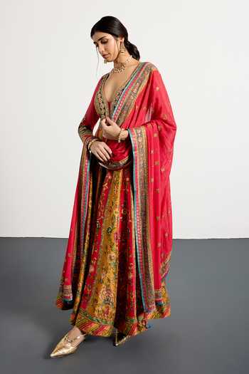 RI.Ritu Kumar_Multi Color Dupion, Viscose, Satin, Spandex, Mauricia Floral Print Anarkali Set _Online_at_Aza_Fashions
