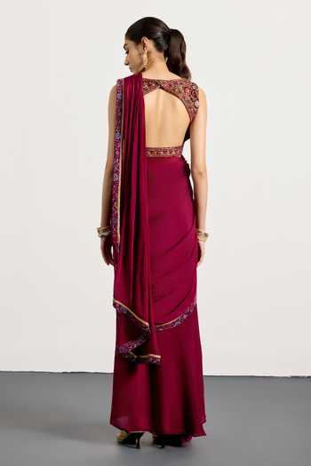 Shop_RI.Ritu Kumar_Burgundy Silk, Velvet, Viscose, Chinon Prune Zergul Pre-draped Saree With Blouse _at_Aza_Fashions