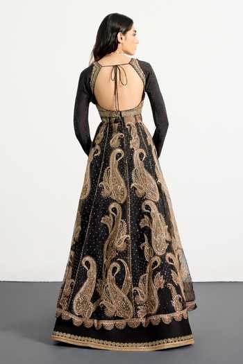 Shop_RI.Ritu Kumar_Black Silk Organza, Dupion, Chinon Sweetheart Paisley Print Anarkali Skirt Set _at_Aza_Fashions