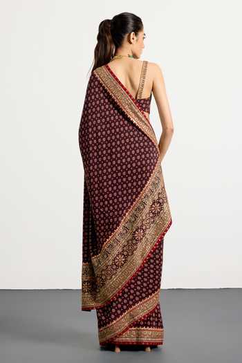 Shop_RI.Ritu Kumar_Multi Color Silk, Crepe V-neck Bandhani Print Saree With Unstitched Blouse Piece _at_Aza_Fashions