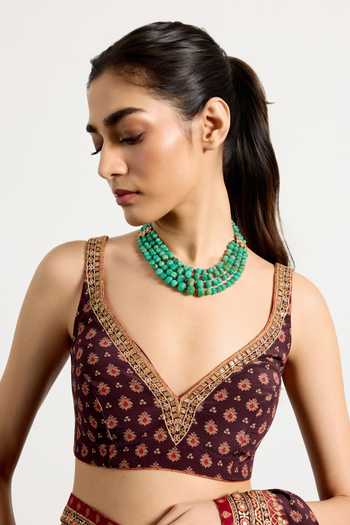 RI.Ritu Kumar_Multi Color Silk, Crepe V-neck Bandhani Print Saree With Unstitched Blouse Piece _Online