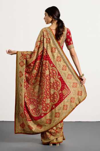 Shop_RI.Ritu Kumar_Green Silk, Crepe Square Neck Geometric Print Saree With Unstitched Blouse Piece _at_Aza_Fashions