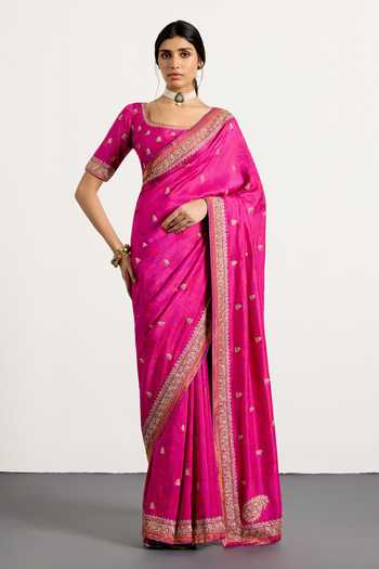 Buy_RI.Ritu Kumar_Purple Silk, Dupion Scoop Neck Printed Saree With Unstitched Blouse Piece _at_Aza_Fashions