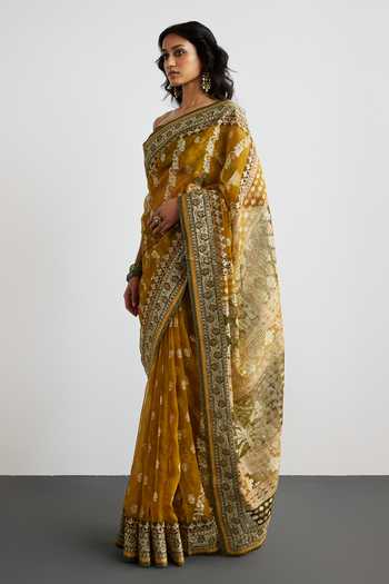 Shop_RI.Ritu Kumar_Mustard Silk Organza Floral Woven Saree With Unstitched Blouse Piece _at_Aza_Fashions