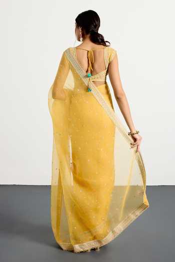 Shop_RI.Ritu Kumar_Yellow Silk Organza Sweetheart Neck Saree With Unstitched Blouse Piece _at_Aza_Fashions