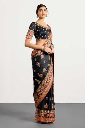 RI.Ritu Kumar_Black Silk, Satin Round Pushpavan Floral Print Saree With Unstiched Blouse Piece _Online_at_Aza_Fashions