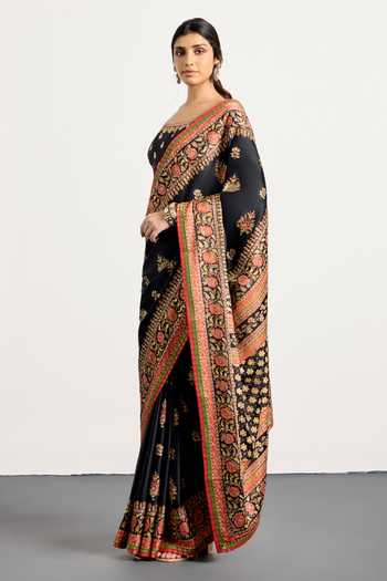 Shop_RI.Ritu Kumar_Black Silk, Satin Round Pushpavan Floral Print Saree With Unstiched Blouse Piece _at_Aza_Fashions