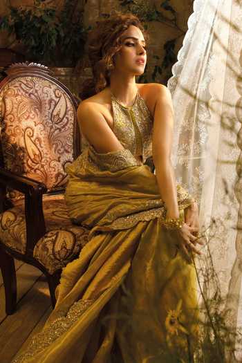 Osaa By Adarsh_Yellow Tissue Halter Neck Weave Embroidered Saree And Blouse Set _Online