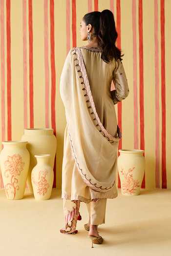 Shop_Studio Bagechaa_Gold Silk, Organza, Chanderi, Modal Round Neck Kamla Zardozi Work Kurta Pant Set _at_Aza_Fashions