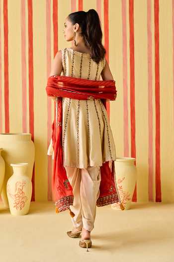 Shop_Studio Bagechaa_Gold Silk, Organza, Crepe Boat Neck Dhyuti Stripe Embroidered Kurta Set _at_Aza_Fashions