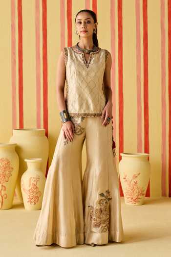 Buy_Studio Bagechaa_Gold Silk, Net Split V-neck Adyah Embroidered Top And Sharara Set _at_Aza_Fashions