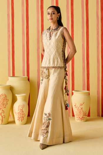 Studio Bagechaa_Gold Silk, Net Split V-neck Adyah Embroidered Top And Sharara Set _Online_at_Aza_Fashions