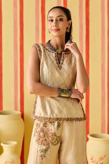 Buy_Studio Bagechaa_Gold Silk, Net Split V-neck Adyah Embroidered Top And Sharara Set _Online_at_Aza_Fashions
