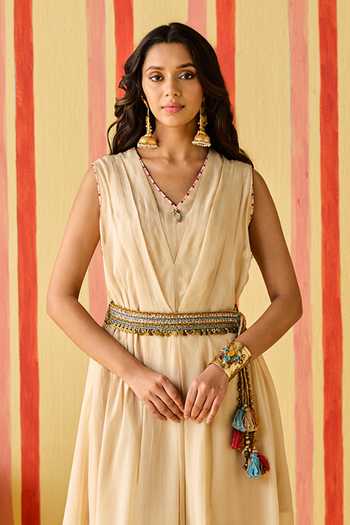 Buy_Studio Bagechaa_Gold Organza, Chanderi, Modal V-neck, Yes Zara Embroidered Kurta And Pant Set _Online_at_Aza_Fashions