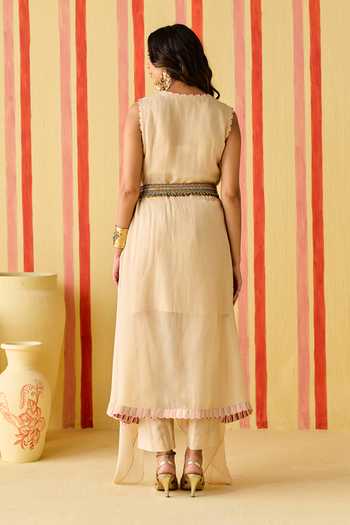 Shop_Studio Bagechaa_Gold Organza, Chanderi, Modal V-neck, Yes Zara Embroidered Kurta And Pant Set _at_Aza_Fashions