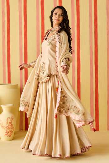 Studio Bagechaa_Gold Organza, Chanderi V-neck Sitara Embroidered Top Lehenga Set _Online_at_Aza_Fashions