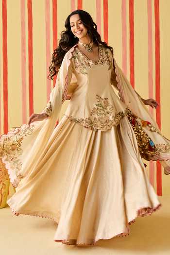 Buy_Studio Bagechaa_Gold Organza, Chanderi V-neck Sitara Embroidered Top Lehenga Set _Online_at_Aza_Fashions