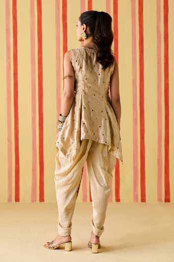 Shop_Studio Bagechaa_Gold Silk, Organza, Crepe Embroidery V-neck Sarika Resham Work Kurta Set _at_Aza_Fashions