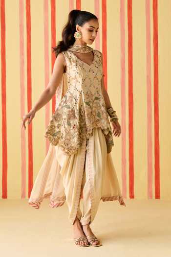 Studio Bagechaa_Gold Silk, Organza, Crepe Embroidery V-neck Sarika Resham Work Kurta Set _Online_at_Aza_Fashions