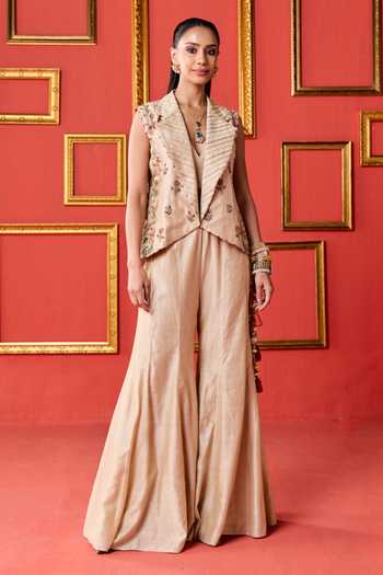 Buy_Studio Bagechaa_Gold Chanderi Open Neck, Medha Embroidered Jacket Sharara Set _at_Aza_Fashions
