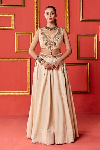 Studio Bagechaa_Gold Organza, Chanderi V-neck Gayatri Embroidered Blouse Skirt Set _Online_at_Aza_Fashions