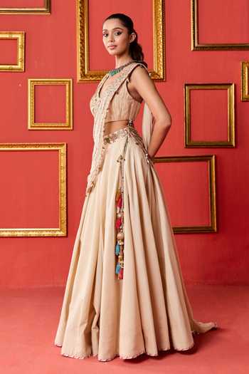 Buy_Studio Bagechaa_Gold Organza, Chanderi V-neck Gayatri Embroidered Blouse Skirt Set _Online_at_Aza_Fashions