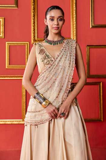 Studio Bagechaa_Gold Organza, Chanderi V-neck Gayatri Embroidered Blouse Skirt Set _at_Aza_Fashions