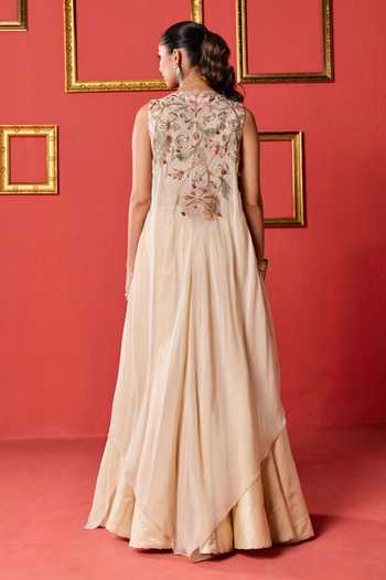 Shop_Studio Bagechaa_Beige Organza V-neck Kyra Border Embroidered Jacket Skirt Set _at_Aza_Fashions