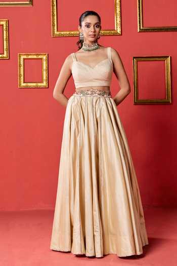 Studio Bagechaa_Beige Organza V-neck Kyra Border Embroidered Jacket Skirt Set _Online_at_Aza_Fashions