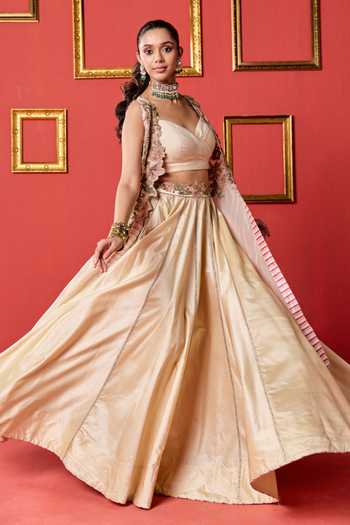 Buy_Studio Bagechaa_Beige Organza V-neck Kyra Border Embroidered Jacket Skirt Set _Online_at_Aza_Fashions