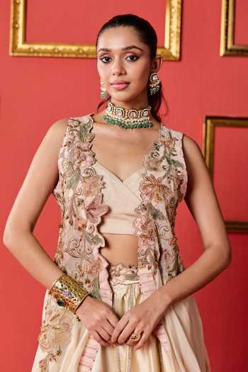 Shop_Studio Bagechaa_Beige Organza V-neck Kyra Border Embroidered Jacket Skirt Set _Online_at_Aza_Fashions