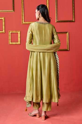 Shop_Studio Bagechaa_Green Silk, Organza, Chanderi, Modal Round Neck Kamla Zardozi Work Kurta Set _at_Aza_Fashions