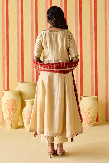Shop_Studio Bagechaa_Beige Silk, Chanderi, Modal, Lurex Round Neck Anika Embroidered Anarkali Set _at_Aza_Fashions
