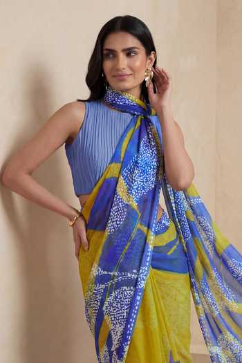 Satya Paul_Blue Silk, Chiffon Empire Of Stone Saree _Online_at_Aza_Fashions
