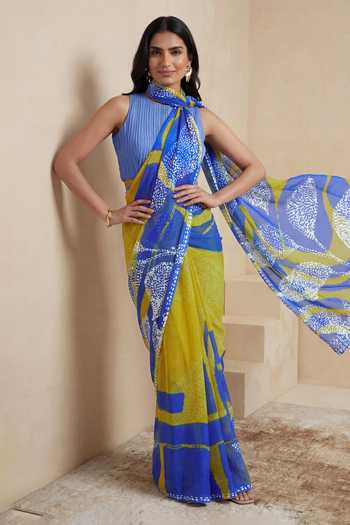 Buy_Satya Paul_Blue Silk, Chiffon Empire Of Stone Saree _Online_at_Aza_Fashions