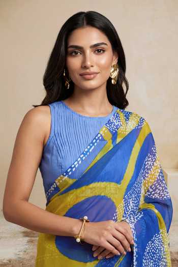 Shop_Satya Paul_Blue Silk, Chiffon Empire Of Stone Saree _Online_at_Aza_Fashions