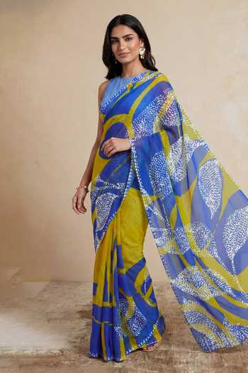 Satya Paul_Blue Silk, Chiffon Empire Of Stone Saree _at_Aza_Fashions