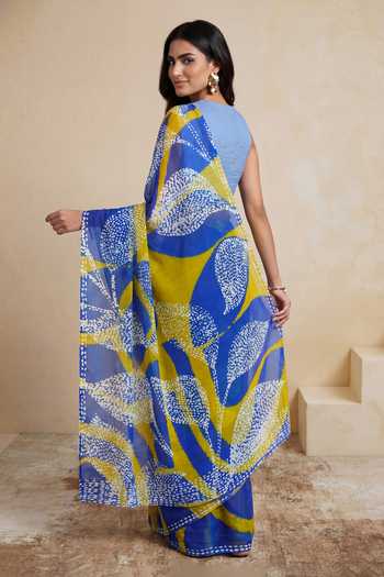 Shop_Satya Paul_Blue Silk, Chiffon Empire Of Stone Saree _at_Aza_Fashions