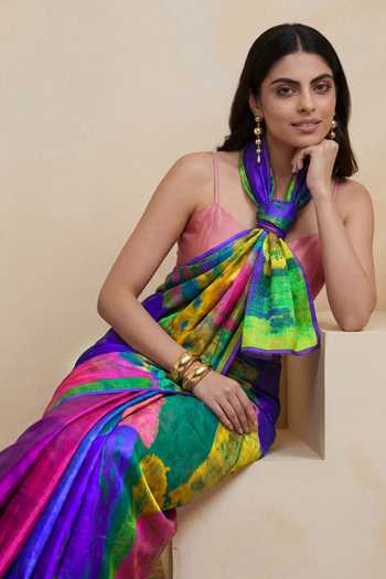 Satya Paul_Purple Silk, Georgette, Satin Urban Currents Printed Saree _Online_at_Aza_Fashions