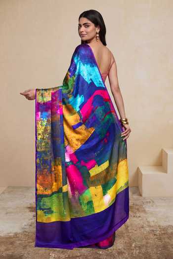 Shop_Satya Paul_Purple Silk, Georgette, Satin Urban Currents Printed Saree _at_Aza_Fashions