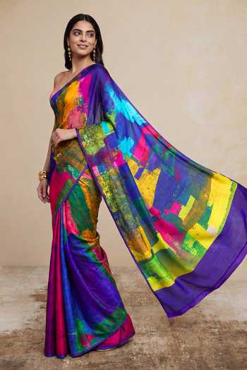 Shop_Satya Paul_Purple Silk, Georgette, Satin Urban Currents Printed Saree _Online_at_Aza_Fashions