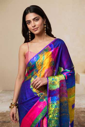 Satya Paul_Purple Silk, Georgette, Satin Urban Currents Printed Saree _at_Aza_Fashions