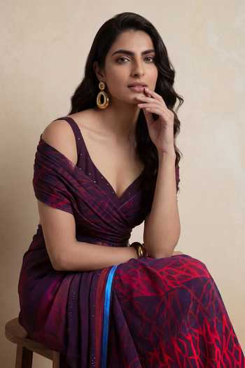 Satya Paul_Purple Silk, Crepe Kabul Rose Print Saree _Online_at_Aza_Fashions