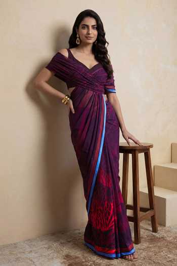 Buy_Satya Paul_Purple Silk, Crepe Kabul Rose Print Saree _Online_at_Aza_Fashions